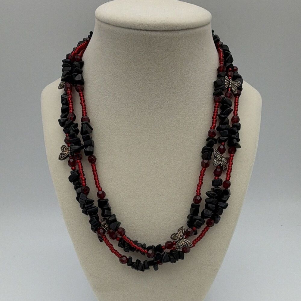 Multi-Strand Black Chip Stone & Red Bead Butterfly Necklace Box Clasp 18 in